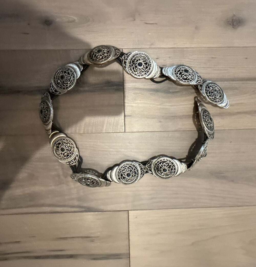 Silver Tone Filigree Medallion Stretch Belt with Black Cord